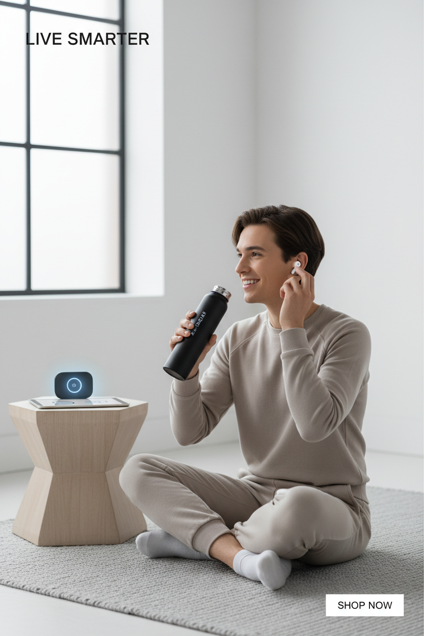 Create a professional, high-converting Shopify hero image for a mobile-first store. 
The image should feature a lifestyle scene where people are using trending and problem-solving products in daily life. 
Use bright, clean background (white/light color) with modern minimalist style. 
Include 1–2 products prominently in the center. 
Add soft shadows and natural lighting to highlight the product. 
The image should look realistic, professional, and appealing for an e-commerce homepage banner. 
Focus on mobile-