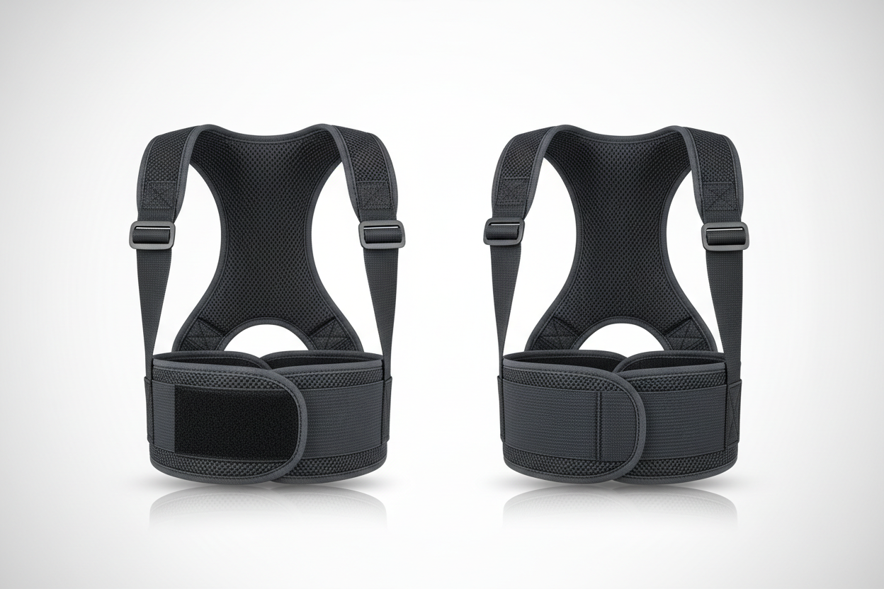 Ultra-realistic product photo of a unisex posture corrector belt, premium quality, adjustable shoulder and back straps, breathable soft fabric, strong velcro closure. Displayed on a clean white background in professional e-commerce style. Front view + 45-degree angle view. Show clear posture support structure. Sharp focus, soft studio lighting, high detail, realistic shadows. Modern, minimal, medical-fitness look. 4K resolution, product photography, no text, no watermark.
