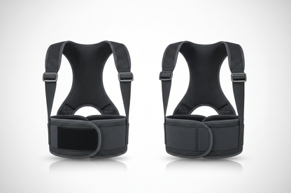 Ultra-realistic product photo of a unisex posture corrector belt, premium quality, adjustable shoulder and back straps, breathable soft fabric, strong velcro closure. Displayed on a clean white background in professional e-commerce style. Front view + 45-degree angle view. Show clear posture support structure. Sharp focus, soft studio lighting, high detail, realistic shadows. Modern, minimal, medical-fitness look. 4K resolution, product photography, no text, no watermark.

